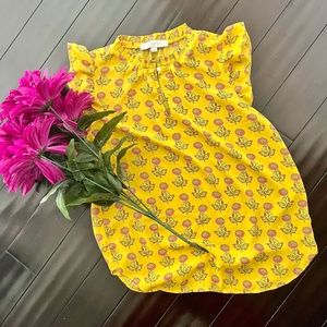 LOFT Floral Flutter Sleeve Top Split Neck Yellow Blouse XS